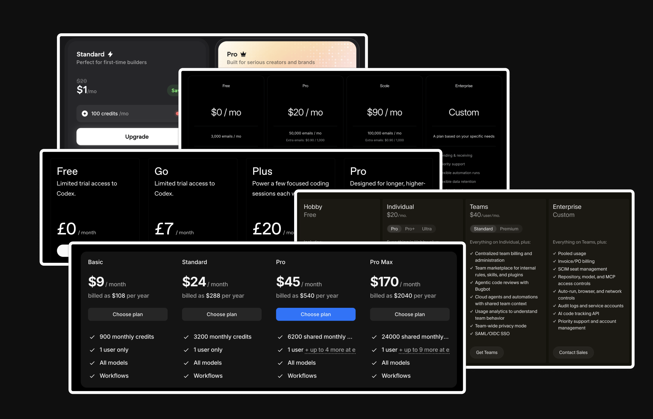 A collage of credit- and tier-based pricing pages from AI products